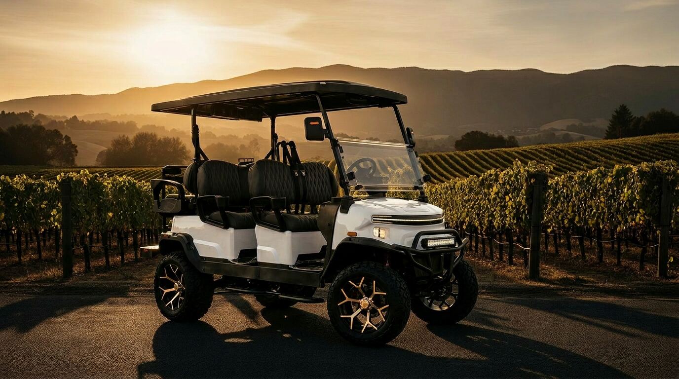 Luxury golf cart at a Yountville vineyard estate at golden hour