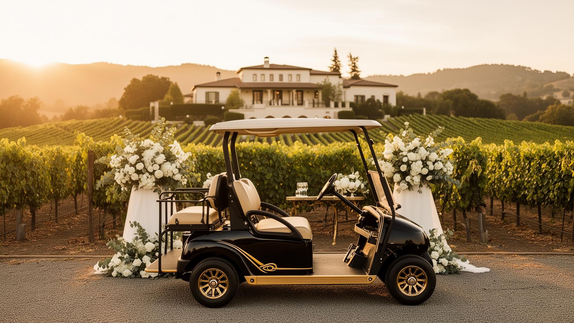 Luxury golf cart at a Napa Valley vineyard wedding at sunset